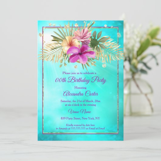 ブルーティール(緑がかった色)ハイビスカスパープルピンクバースデーパーティー 招待状 (スタンド正面)