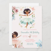 ブルーティール(緑がかった色)バレリナダークスキンガール誕生日 招待状 (正面/裏面)