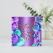 ブルーティール(緑がかった色)パープル金ゴールドハイヒールシューズ誕生日 招待状 (スタンド正面)