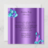 ブルーティール(緑がかった色)パープル金ゴールドハイヒールシューズ誕生日 招待状 (裏面)