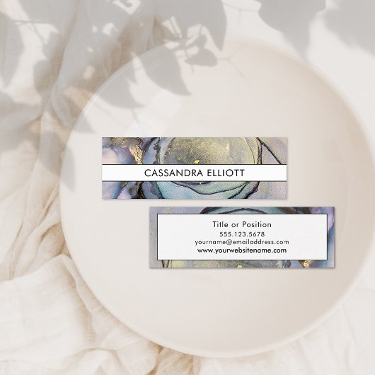 ブルーティール（緑がかった色）パープル&金ゴールドアルコールインクリキッドアート スキニー名刺