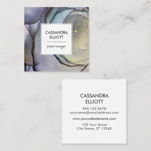 ブルーティール（緑がかった色）パープル&金ゴールドアルコールインクリキッドアート スクエア名刺 (正面/裏面)