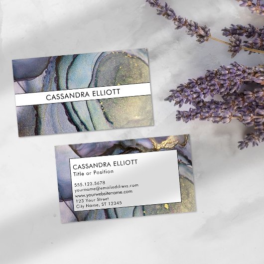 ブルーティール（緑がかった色）パープル&金ゴールドアルコールインクリキッドアート 名刺
