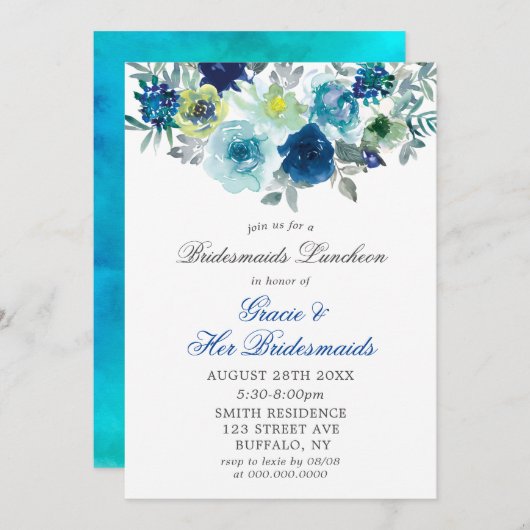 ブルーティール（緑がかった色）ピ絵を描オニブリデスメイドランチョン招待状 (正面/裏面)