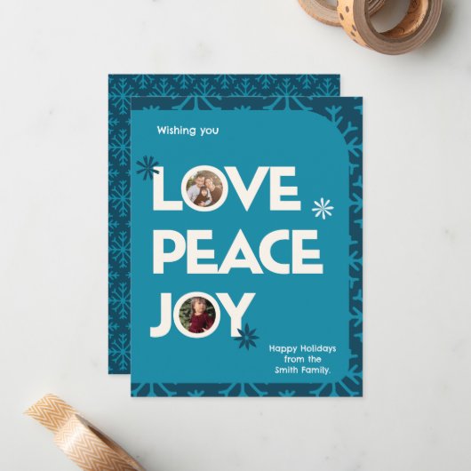 ブルーティール（緑がかった色）ファミリーカスタム写真フレームクリスマス ノートカード (正面/裏面インサイチュ)