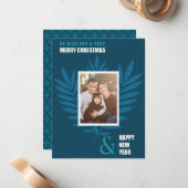 ブルーティール(緑がかった色)ファミリー写真フレームクリスマスホリデー ノートカード (正面/裏面インサイチュ)