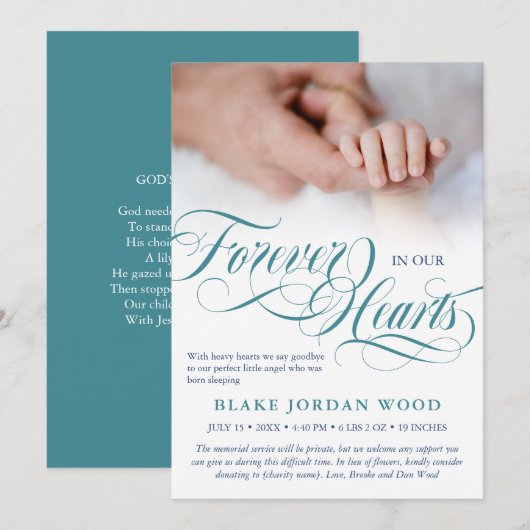 ブルーティール（緑がかった色）フォーエバーで私たちのハートベビーメモリアル 案内状 (正面/裏面)