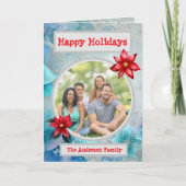 ブルーティール(緑がかった色)フローラエレガントファミリーフォトホリデー カード (正面)