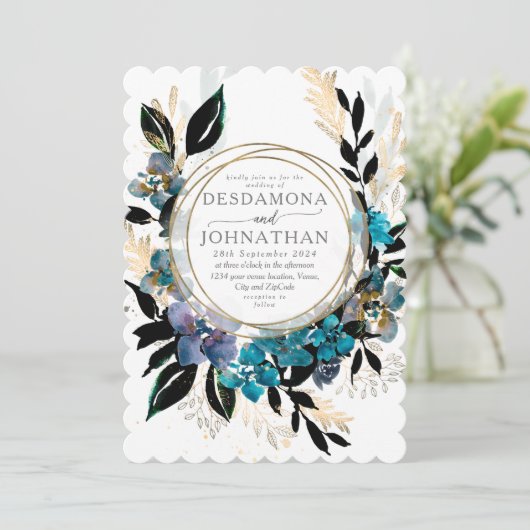 ブルーティール(緑がかった色)フローラ結婚ズブーケ招待状 招待状 (スタンド正面)