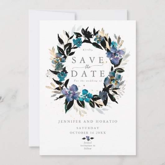 ブルーティール(緑がかった色)フローラ結婚ズブーケ 招待状 (正面)