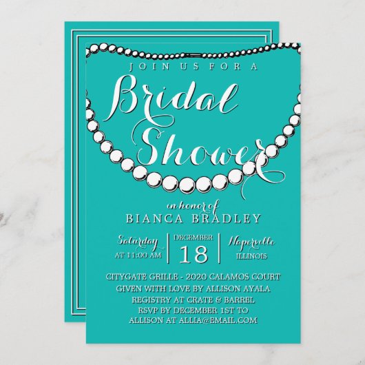 ブルーティール(緑がかった色)ブライダルシャワー 招待状 (正面/裏面)