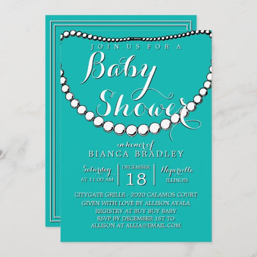 ブルーティール（緑がかった色）ベビーシャワー 招待状 (正面/裏面)