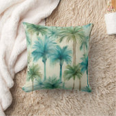 ブルーティール（緑がかった色）ベージュウォーターカラーパームツリートロピカル クッション (ブランケット)