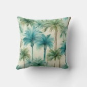 ブルーティール（緑がかった色）ベージュウォーターカラーパームツリートロピカル クッション (裏面)