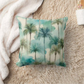 ブルーティール（緑がかった色）ベージュパームツリーズトロピカルハワイアン クッション (ブランケット)