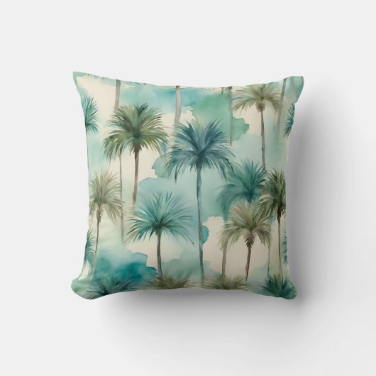 ブルーティール（緑がかった色）ベージュパームツリーズトロピカルハワイアン クッション (正面)