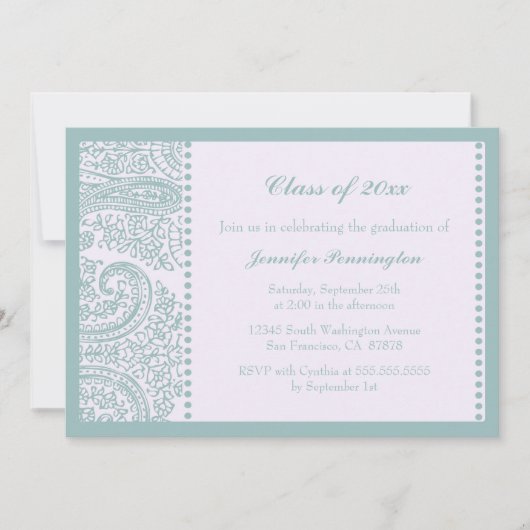 ブルーティール（緑がかった色）ペイズリー卒業パーティー発表 招待状 (正面)