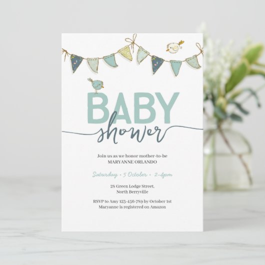 ブルーティール（緑がかった色）ボーイベビーバンティンベビーシャワー招待状 招待状 (スタンド正面)