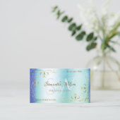 ブルーティール(緑がかった色)マーブルゴールデン華美コーナイニシャル 名刺 (スタンド正面)