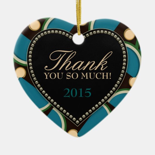 ブルーティール（緑がかった色）モノグラムサンキューハートオーナメント セラミックオーナメント (正面)