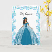 ブルーティール(緑がかった色)ヴィンテージキンセアニェラドレス誕生日 カード (黄色い花)