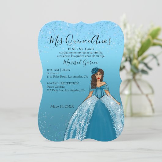 ブルーティール（緑がかった色）ヴィンテージキンセアニェラドレス 招待状 (スタンド正面)