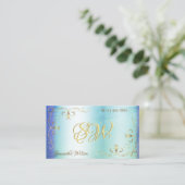 ブルーティール（緑がかった色）大理石金ゴールドコ華美ーナー(イニシャル付き) 名刺 (スタンド正面)