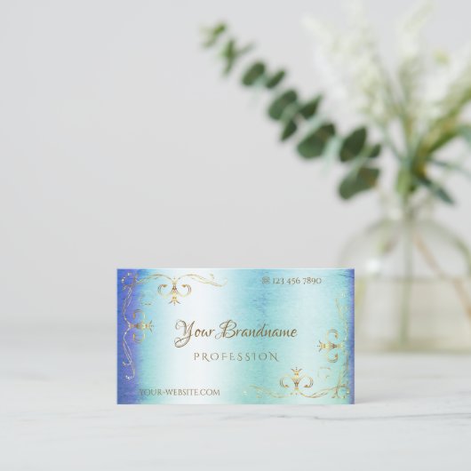 ブルーティール（緑がかった色）大理石金ゴールド華美コーナー装飾品 名刺 (スタンド正面)