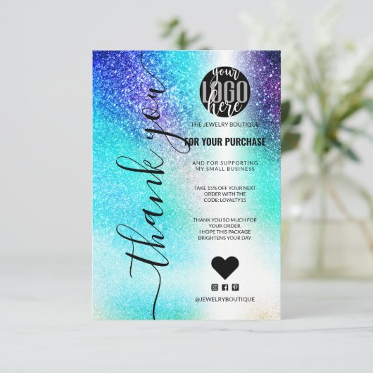 ブルーティール(緑がかった色)星雲銀河系グリッターオーダーサンキュー サンキューカード (スタンド正面)