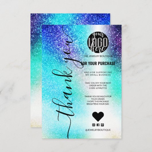 ブルーティール(緑がかった色)星雲銀河系グリッターオーダーサンキュー サンキューカード (正面/裏面)