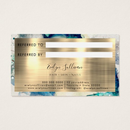 ブルーティール（緑がかった色）水彩及びゴールドフォイル紹介カード (裏面)