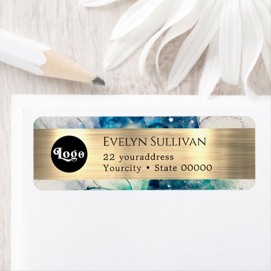 ブルーティール(緑がかった色)水彩色ロゴ差出人住所ラベル ラベル (インサイチュ)