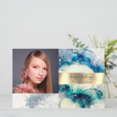 ブルーティール（緑がかった色）水彩金ゴールド箔2折パンフレット (スタンド正面)