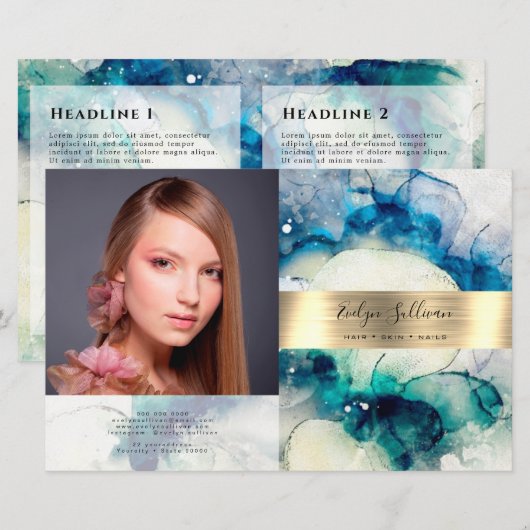 ブルーティール（緑がかった色）水彩金ゴールド箔2折パンフレット (正面/裏面)