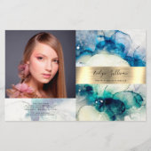 ブルーティール（緑がかった色）水彩金ゴールド箔2折パンフレット (正面)