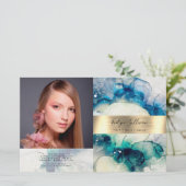 ブルーティール(緑がかった色)水彩金ゴールド箔2折パンフレット (スタンド正面)