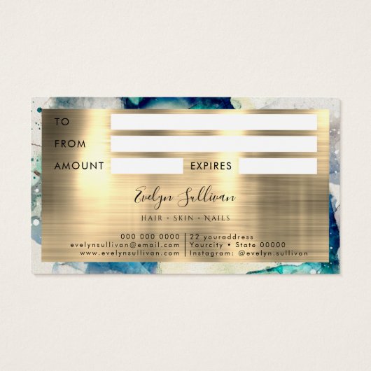 ブルーティール(緑がかった色)水彩金箔ギフトカード (裏面)