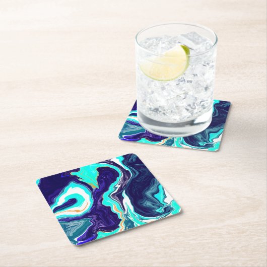 ブルーティール（緑がかった色）海スワーズマーブルフルードアート スクエアペーパーコースター (インサイチュ)