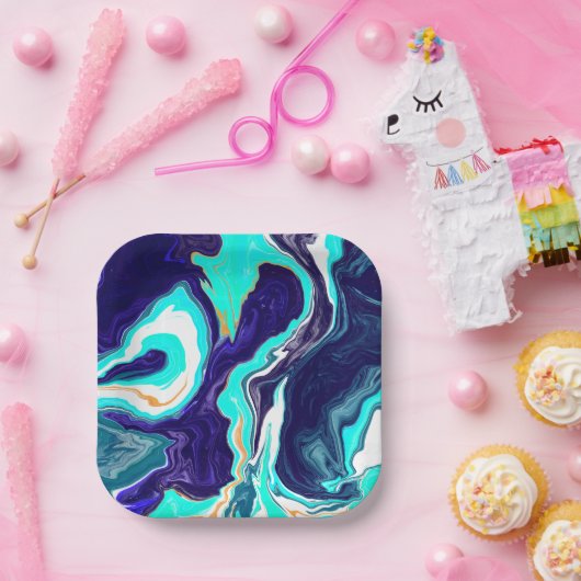 ブルーティール（緑がかった色）海スワーズマーブルフルードアート ペーパープレート (パーティー)