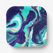 ブルーティール(緑がかった色)海スワーズマーブルフルードアート ペーパープレート (正面)