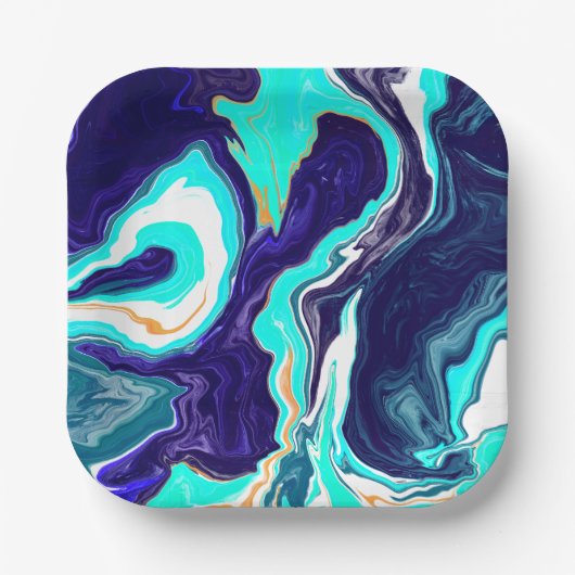 ブルーティール（緑がかった色）海スワーズマーブルフルードアート ペーパープレート (正面)
