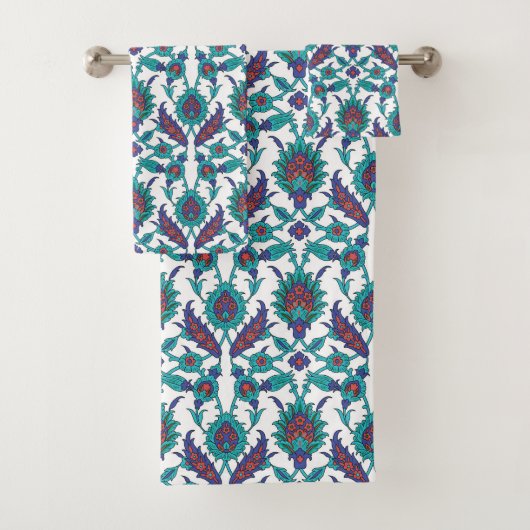 ブルーティール(緑がかった色)紅白東洋花の柄 バスタオルセット (インサイチュ)