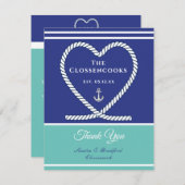 ブルーティール(緑がかった色)航海のホワイトロープハート結婚いかり サンキューカード (正面/裏面)