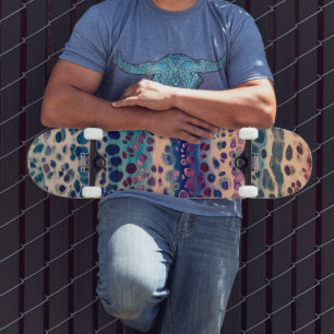 ブルーティール（緑がかった色）薄紫ホワイトアクリル抽象芸術フルードアート スケートボード