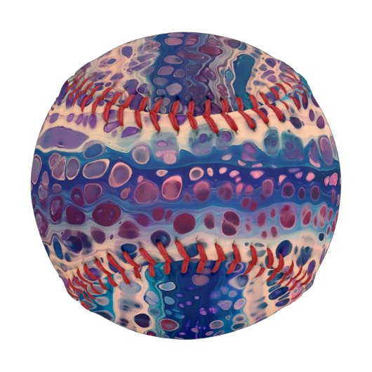 ブルーティール（緑がかった色）薄紫ホワイトアクリル抽象芸術フルードアート 野球ボール (裏面)