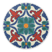 ブルーティール（緑がかった色）赤オレンジポルトガルのアズレヨスパターン セラミックノブ (正面)