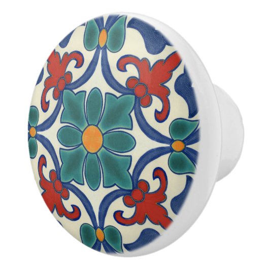 ブルーティール（緑がかった色）赤オレンジポルトガルのアズレヨスパターン セラミックノブ (右)
