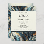 ブルーティール(緑がかった色)金ゴールドアゲテモダングラムエレガントな結婚式 招待状 (正面/裏面)