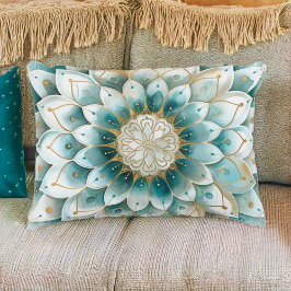 ブルーティール（緑がかった色）金ゴールドフローラ曼荼羅 アクセントクッション