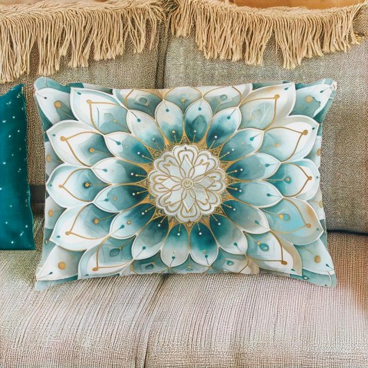 ブルーティール(緑がかった色)金ゴールドフローラ曼荼羅 アクセントクッション